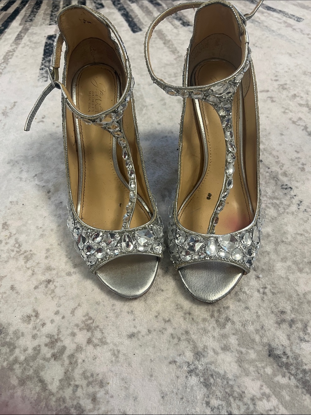 Badgley Mischka Silver Crystal T-Strap Peep-Toe Heels